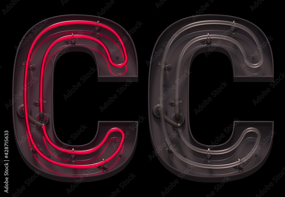 Red light neon font with On and Off. Letter C. Red light neon font with On and Off. Letter C.