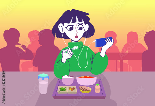 A woman eating a meal with earphones. hand drawn style vector design illustrations. 