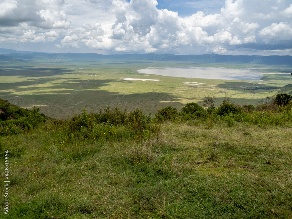 Ngorongoro Crater, Tanzania, Africa - March 1, 2020: Scenic view of Ngorongoro Crater from above