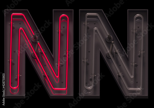 Red light neon font with On and Off. Letter N.