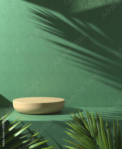 Minimal Wooden Podium Display Nature Concept With Sunlight Shadow Palm Leaf On Green Concrete Wall Abstract Background 3d Render