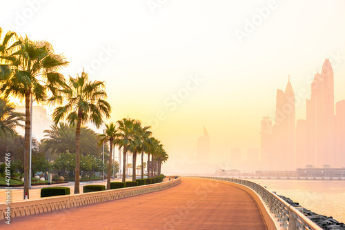 Boardwalk in the morning of Dubai marina at sunrise, UAE