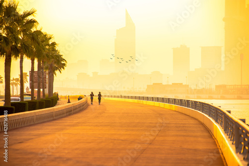Boardwalk in the morning of Dubai marina at sunrise, UAE