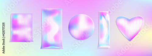 Holographic packages or stickers, packs of different shapes or patches made of iridescent paper or foil. Hologram round, heart, stripe and rectangular blank mock up, isolated Realistic 3d vector set