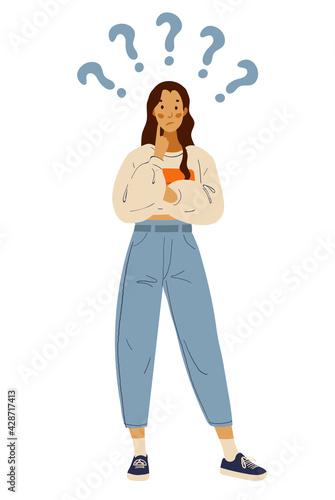 A teenage girl thinks about solving a problem, a female character doubts and worries, asks questions. Cartoon flat illustration isolated on white background.