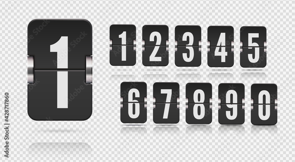 Set of flip scoreboard numbers with reflection floating on different height for black countdown timer or calendar on transparent background. Vector template for your design. Set of flip scoreboard numbers with reflection floating on different height for black countdown timer or calendar on transparent background. Vector template for your design.