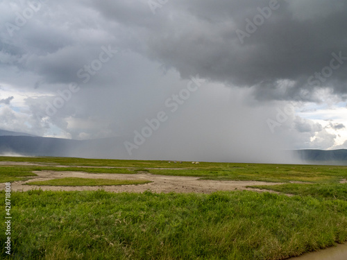 Ngorongoro Crater, Tanzania, Africa - March 1, 2020: Heavy rain moving across ngorongoro crater