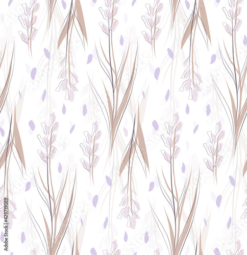 Delicate floral pattern. Wallpaper with hand drawn sketch of flowers with petals on a white background. Vector texture from grass fields.