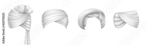 Turbans, indian and arab headdress for man and woman. Vector realistic set of blank winding headscarves, traditional clothes in India, pagdi isolated on white background