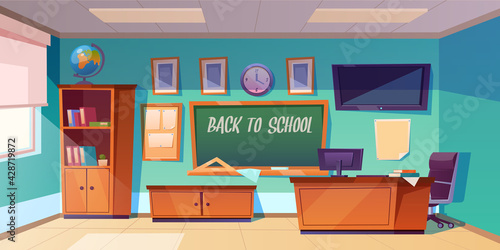 Back to school poster with empty classroom with teachers desk, green chalkboard and globe. Vector cartoon illustration of modern room for kids education with computer and tv screen on wall