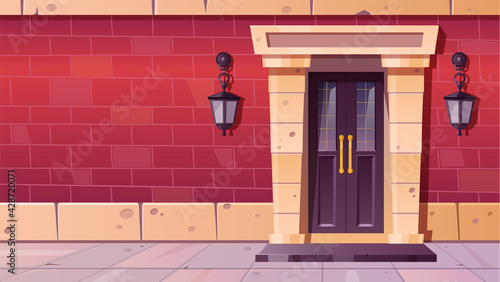 Front door with stone frame in old building facade from red brick. Vector cartoon illustration of vintage house entrance with purple wooden door, step and lanterns