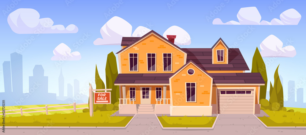 Suburban house with sign for sale. Residential cottage from yellow brick with garage with cityscape on background. Vector cartoon landscape with suburb mansion. Real estate purchase concept