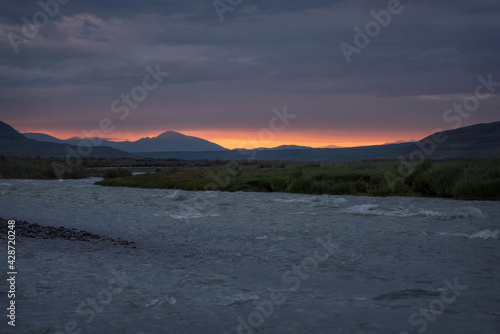 mountains river dawn clouds sky