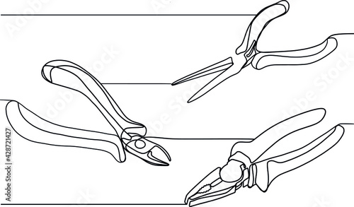 Pliers for craftsmen.  Tools on a black and white background. Pliers, articulated tool. Hand tools for different types of material. One line drawing. Clamping and gripping wit minimal concept one line