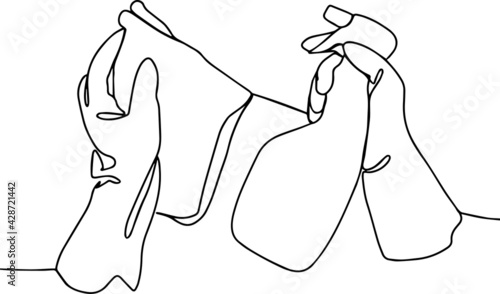 Hands in rubber protective gloves holding white spray bottle and rag detergent  minimal line