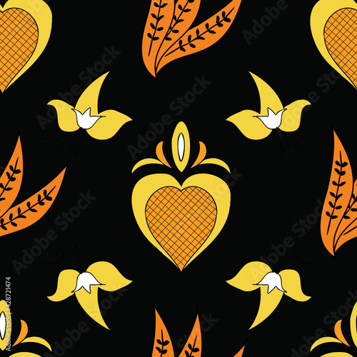 Vector black background Brittany celtic, Breton trational folklore symbols seamless pattern. Seamless pattern background