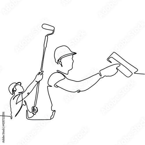 Two plasterers in working condition plaster and paint the walls in the room. Interior wall decoration, putty, plaster, leveling the walls, hiding cracks and defects minimal concept one line