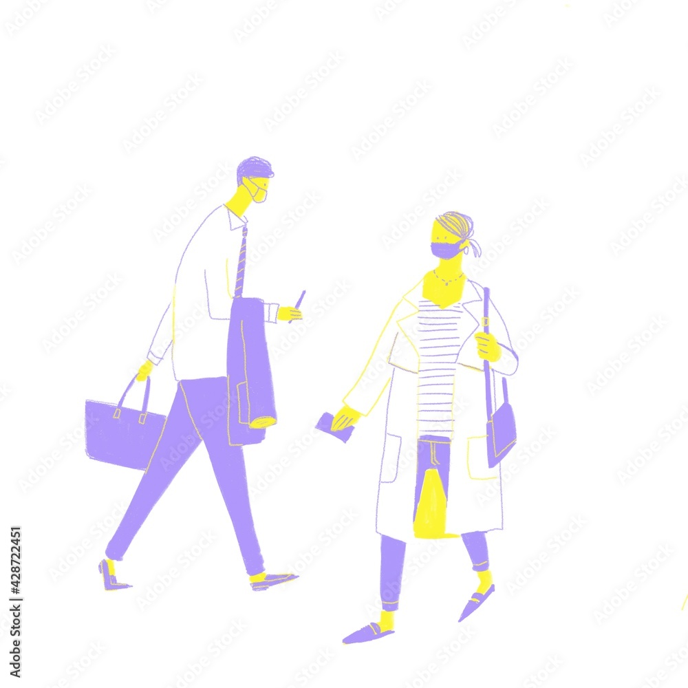 手に携帯を持って歩くサラリーマン、ビジネスマンと、トレンチコートを着た女性（マスク姿）