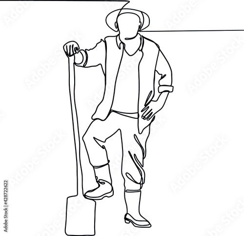 Farmer middle-aged man with shovel working in the garden Line Minimal
