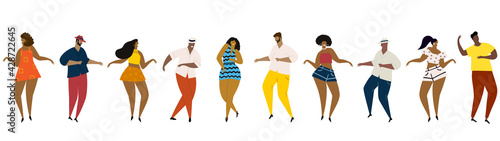 Hand drawn vector illustration of various people - men and women of diverse multi-racial background dancing happy fun mambo dance. Seamless banner.