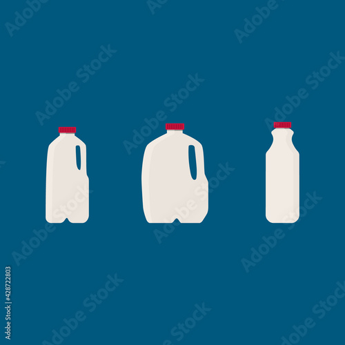 Flat vector illustration set of milk, kefir in different plastic containers including gallon package. Isolated on white background.