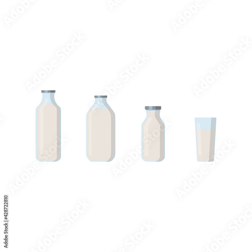 Flat vector illustration set of milk, kefir in different glass bottles. Isolated on white background.