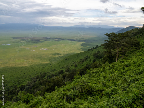 Ngorongoro Crater, Tanzania, Africa - March 1, 2020: Scenic view of Ngorongoro Crater from above