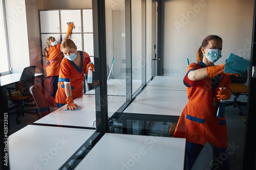 Tableau sur toile Three women using absorbent cloths and detergents during the clean-up