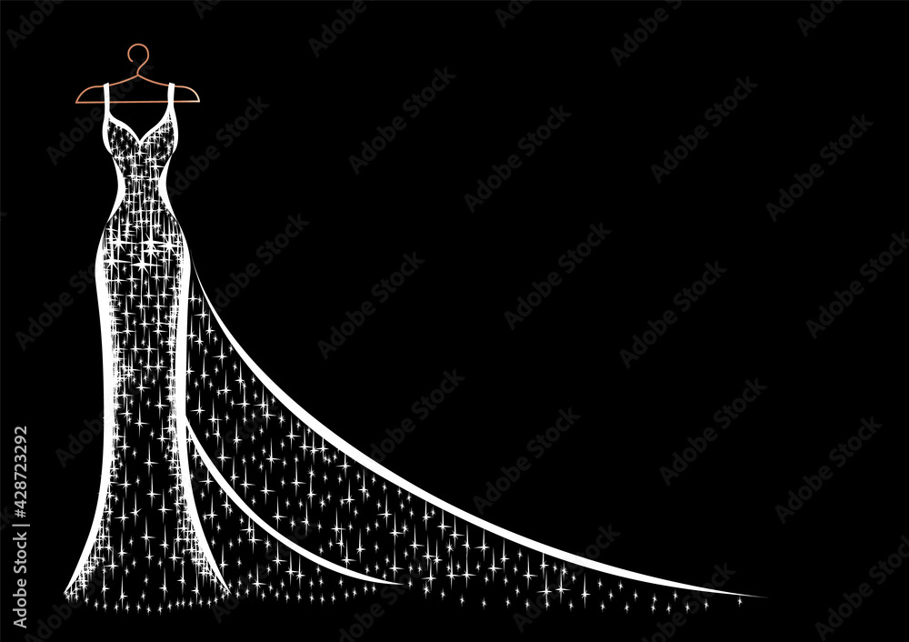 Hanging on a hanger is a beautiful lace and sparkly dress for wedding ...