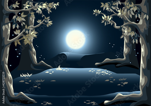 Magic forest at night with tall trees, fireflies, forest glade and the moon. Happy Halloween. Fabulous night landscape for poster, flyer, invitation or card