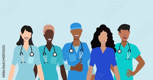 Medical staff of smiling men and women. Illustration in flat style.