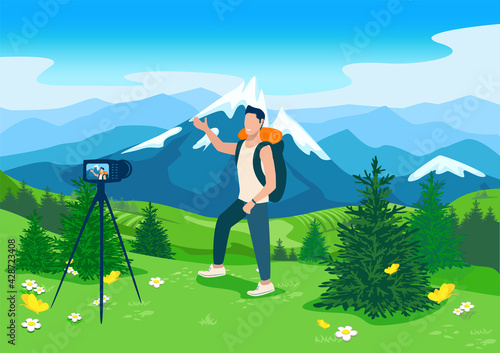 Travel blogger stands in front of the camera and shows a beautiful landscape with a high mountain. Travel, social networks and business. Horizontal vector illustration.