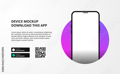 landing page banner advertising for downloading app for mobile phone, 3D smartphone device mockup. Download buttons with scan qr code template.