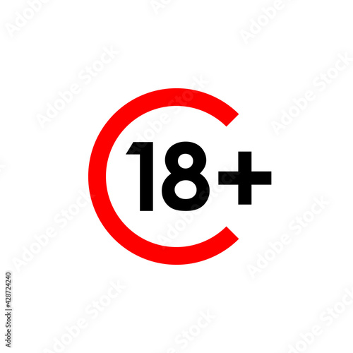 18+ age limit vector sign, red arc with black digits