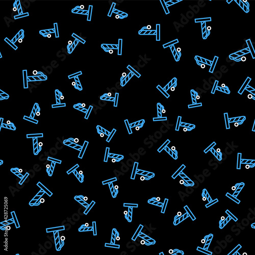 Line Cat scratching post with toy icon isolated seamless pattern on black background. Vector