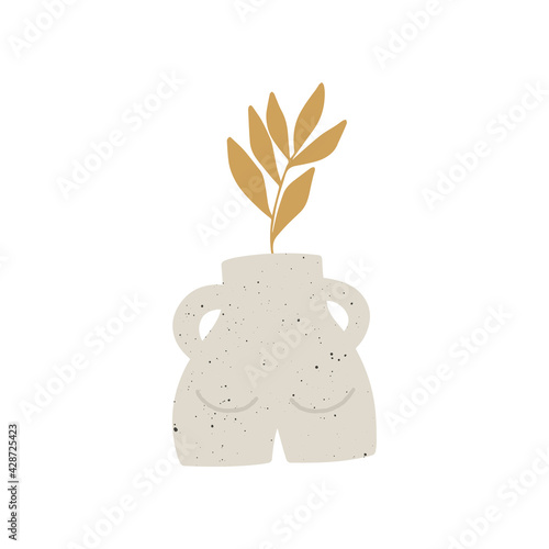 Trendy ceramic vase with plant, leaf vector illustration. Contemporary art. Modern poster, botanical wall decor. Interior design elements isolated on white background.