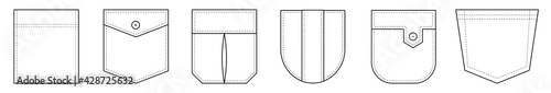 Patch pocket. Set of uniform patch pockets shapes for clothes, dress, shirt, casual denim style. Isolated icons. photo