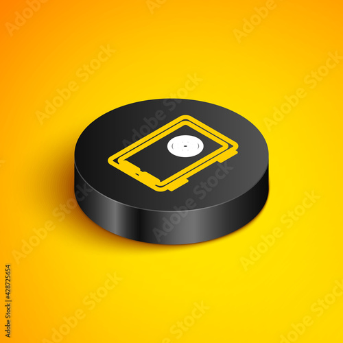Isometric line Safe icon isolated on yellow background. The door safe a bank vault with a combination lock. Reliable Data Protection. Black circle button. Vector