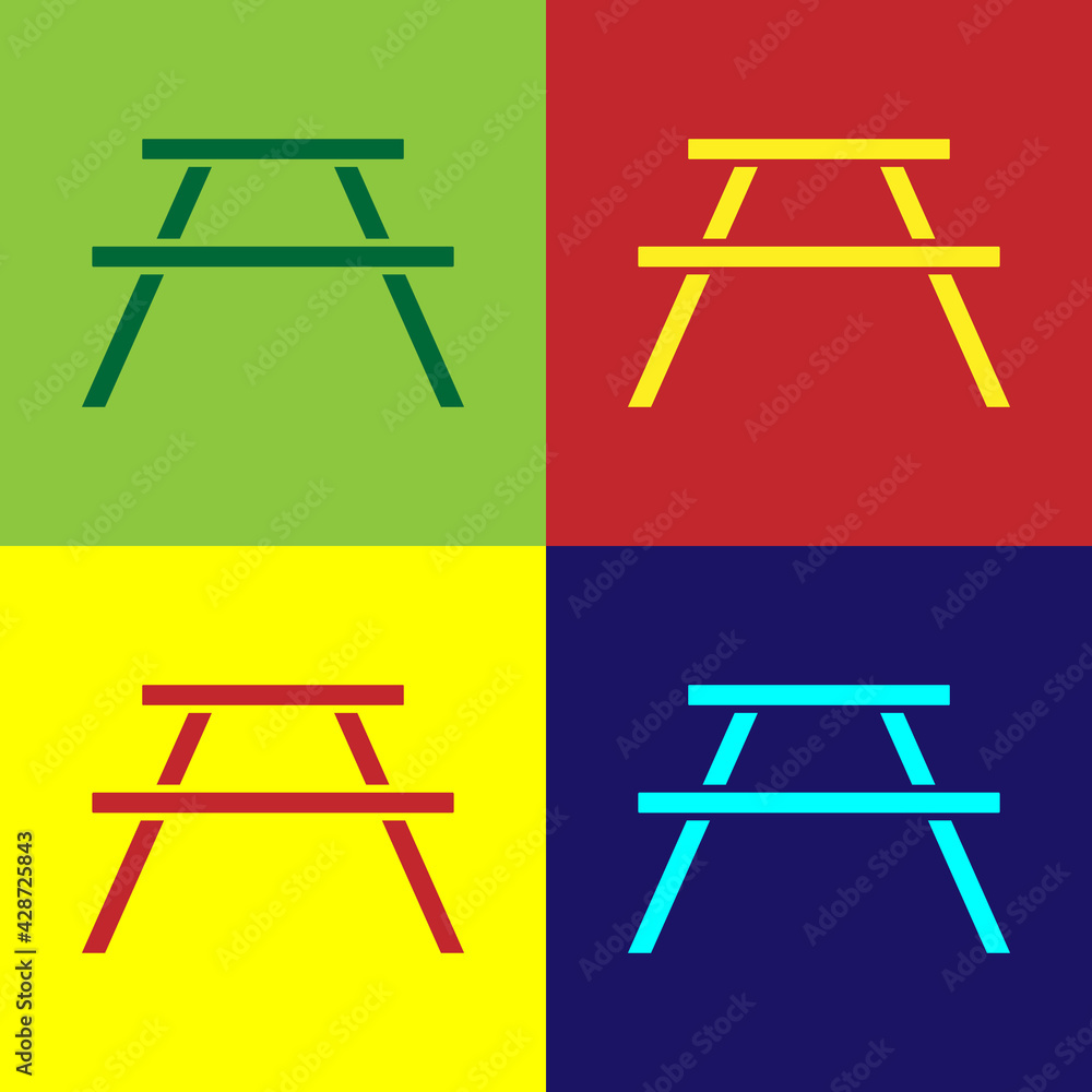 Pop art Picnic table with benches on either side of the table icon isolated on color background. Vector Illustration Pop art Picnic table with benches on either side of the table icon isolated on color background. Vector Illustration