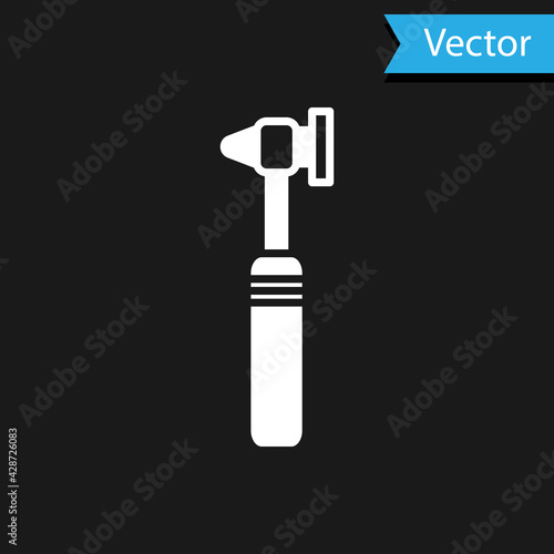 White Medical otoscope tool icon isolated on black background. Medical instrument. Vector Illustration