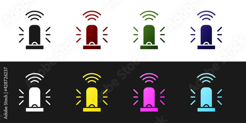 Set Smart flasher siren system icon isolated on black and white background. Emergency flashing siren. Internet of things concept with wireless connection. Vector