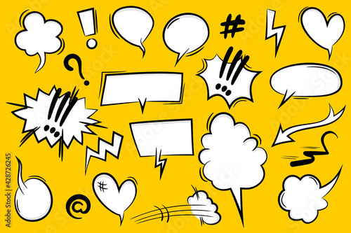 Comic text speech bubble pop art style. Set of white cloud talk speech bubble. Isolated white speech bubble talk silhouette for text. Text comics design elements for web sms message chat.