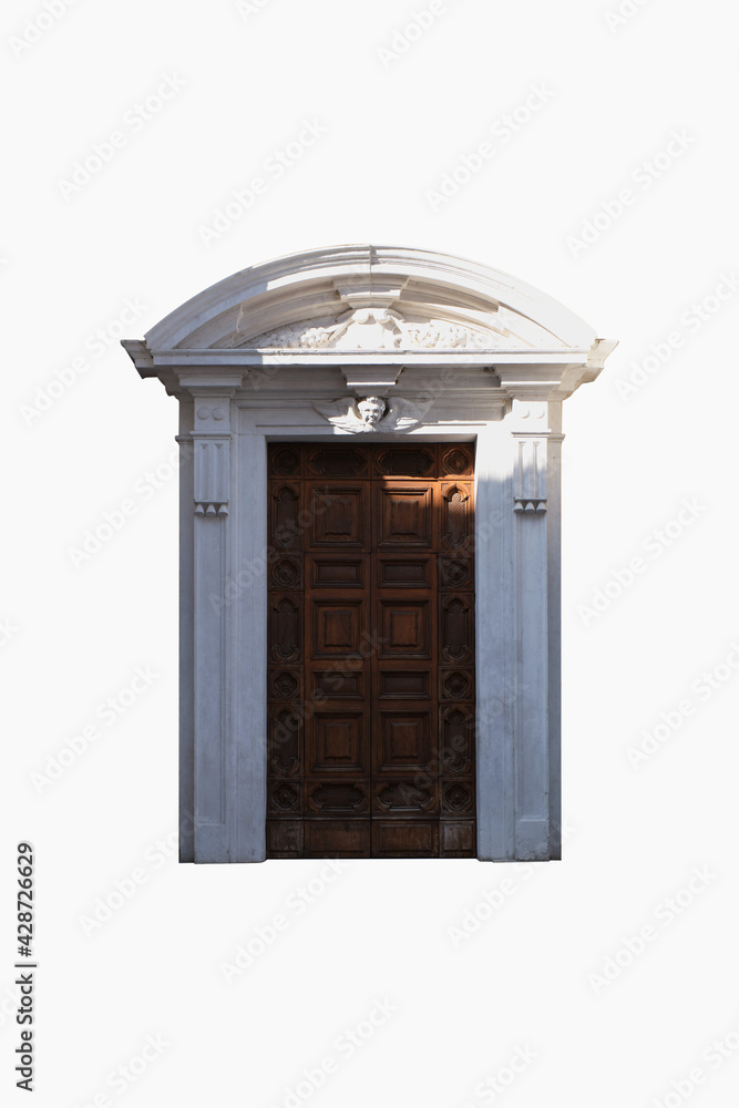 Italian old doors in a church, isolate on a white background. Brown ancient gate on a white background. Antique Italian doors.