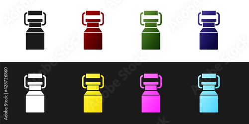 Set Can container for milk icon isolated on black and white background. Vector