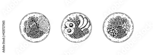 Set of hand drawn bowl with cereal and salad. Vector illustration in sketch style