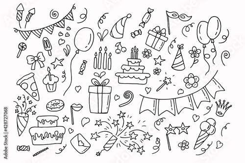 Big celebration  set. Party time doodle clipart with fireworks, party hat, birthday cake, holiday gift box. Hand drawn icons.