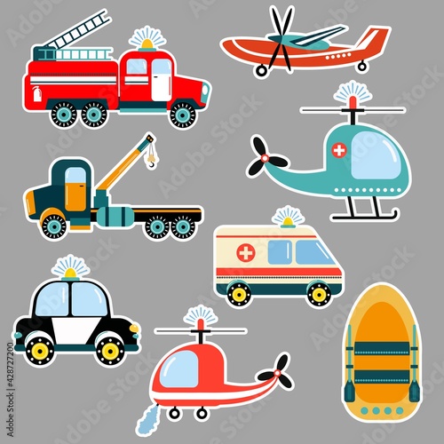 Cars stickers - rescuers. Illustration for children. Flat style. Vector illustration.	