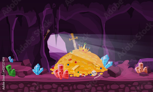 Concept Treasure cave, gold pile, coins, gems, crown, sword, crystals. Banner art for game, apps medieval fairytale. Background cartoon style