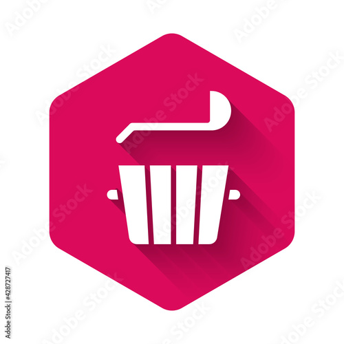 White Sauna bucket and ladle icon isolated with long shadow. Pink hexagon button. Vector