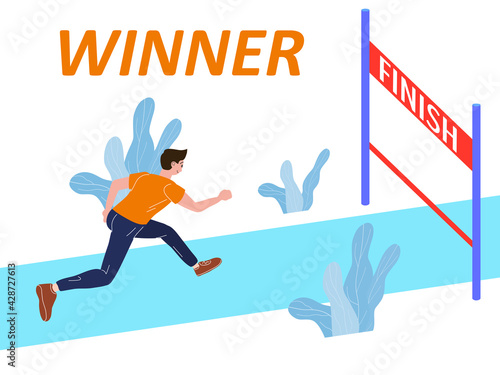 Running athlete man run to Finish Line. Competition marathon  sprint distance race. Vector illustration